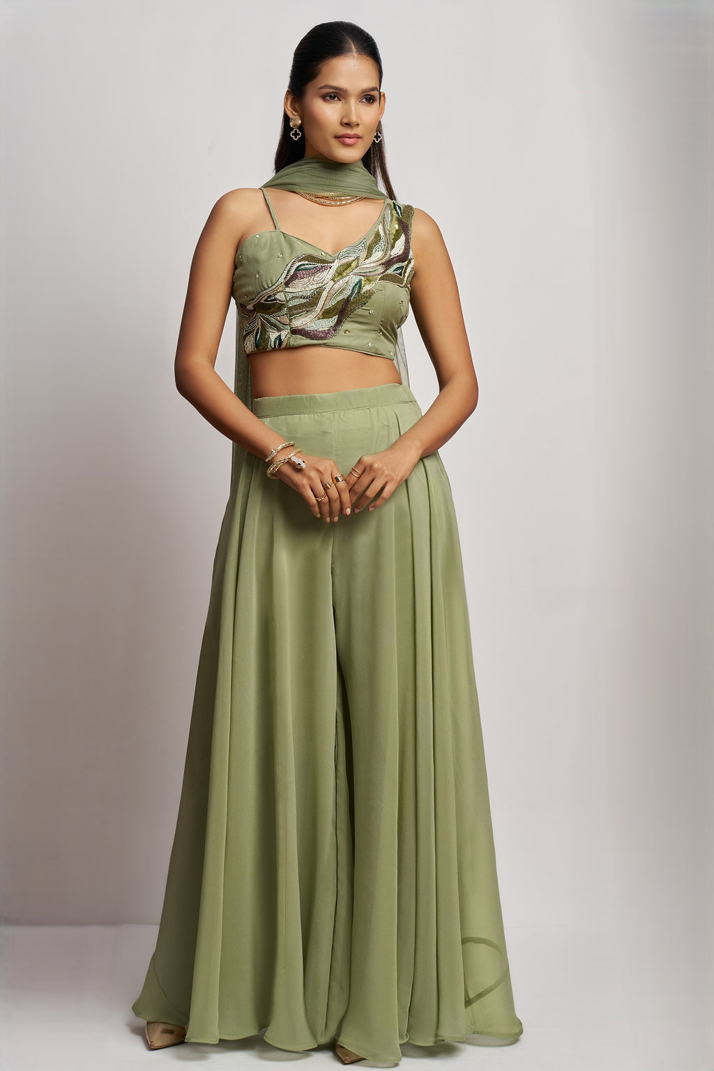 Olive green Georgette Palazzo with Blouse with Cap Dupatta For Indian Festivals & Pakistani Weddings - Khatli Work, Hand Work