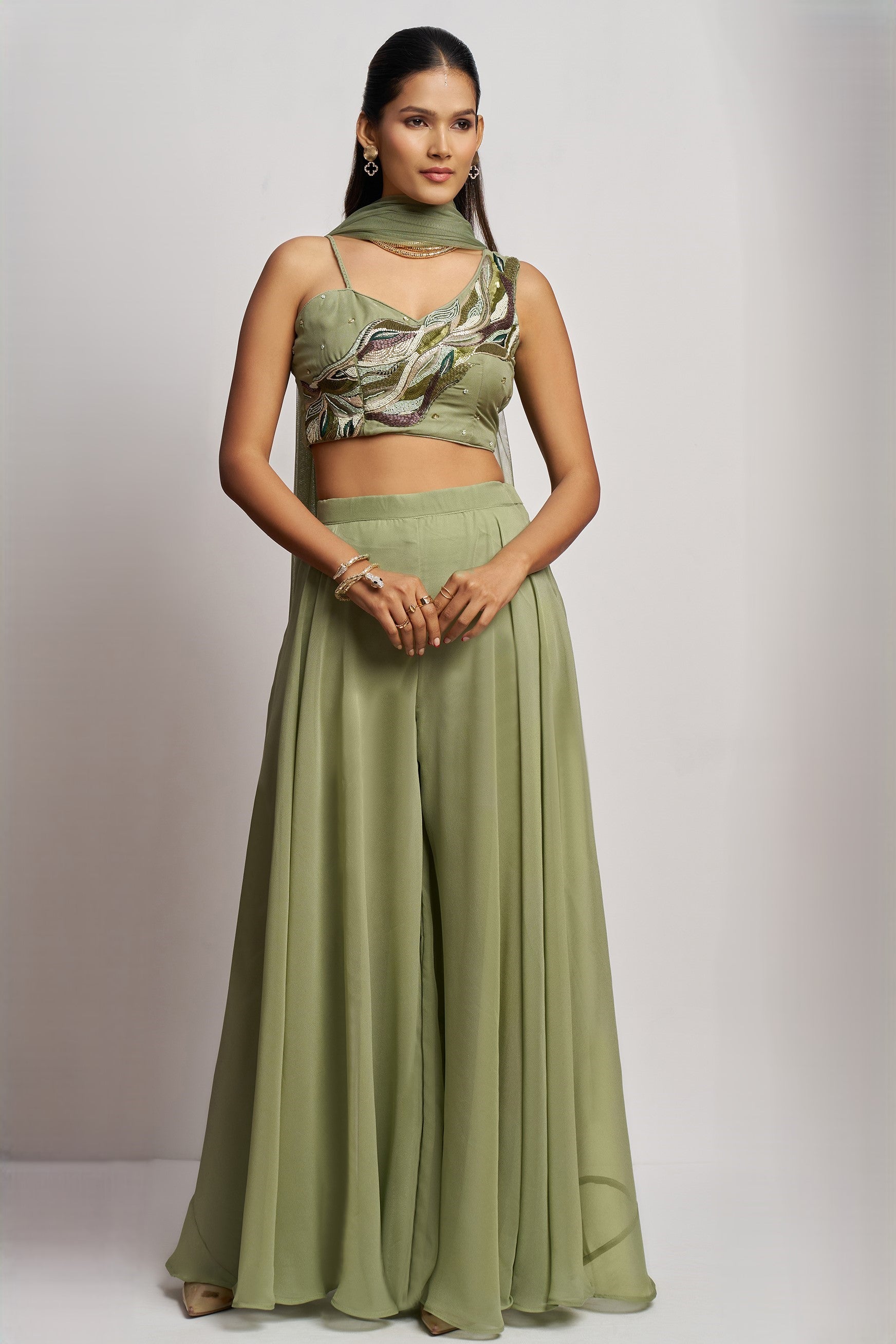 Olive green Georgette Palazzo with Blouse with Cap Dupatta For Indian Festivals & Pakistani Weddings - Khatli Work, Hand Work