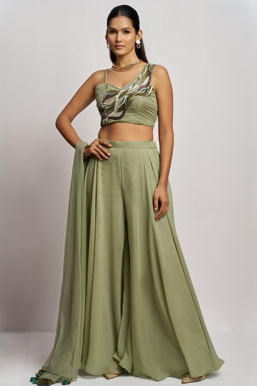 Olive green Georgette Palazzo with Blouse with Cap Dupatta For Indian Festivals & Pakistani Weddings - Khatli Work, Hand Work