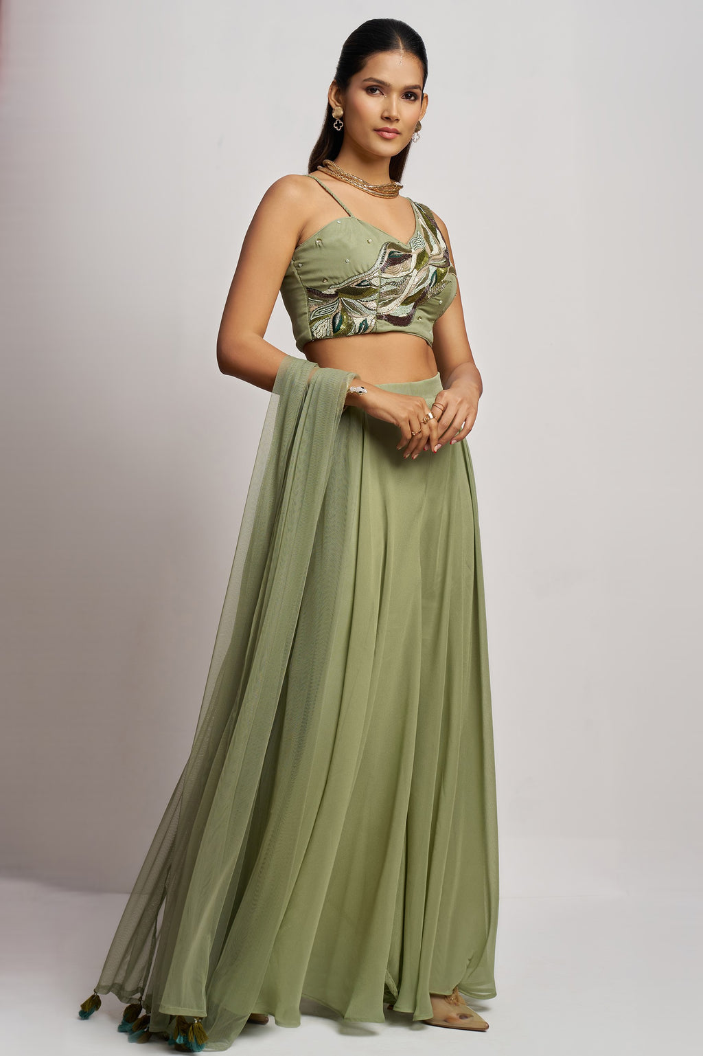 Olive green Georgette Palazzo with Blouse with Cap Dupatta For Indian Festivals & Pakistani Weddings - Khatli Work, Hand Work