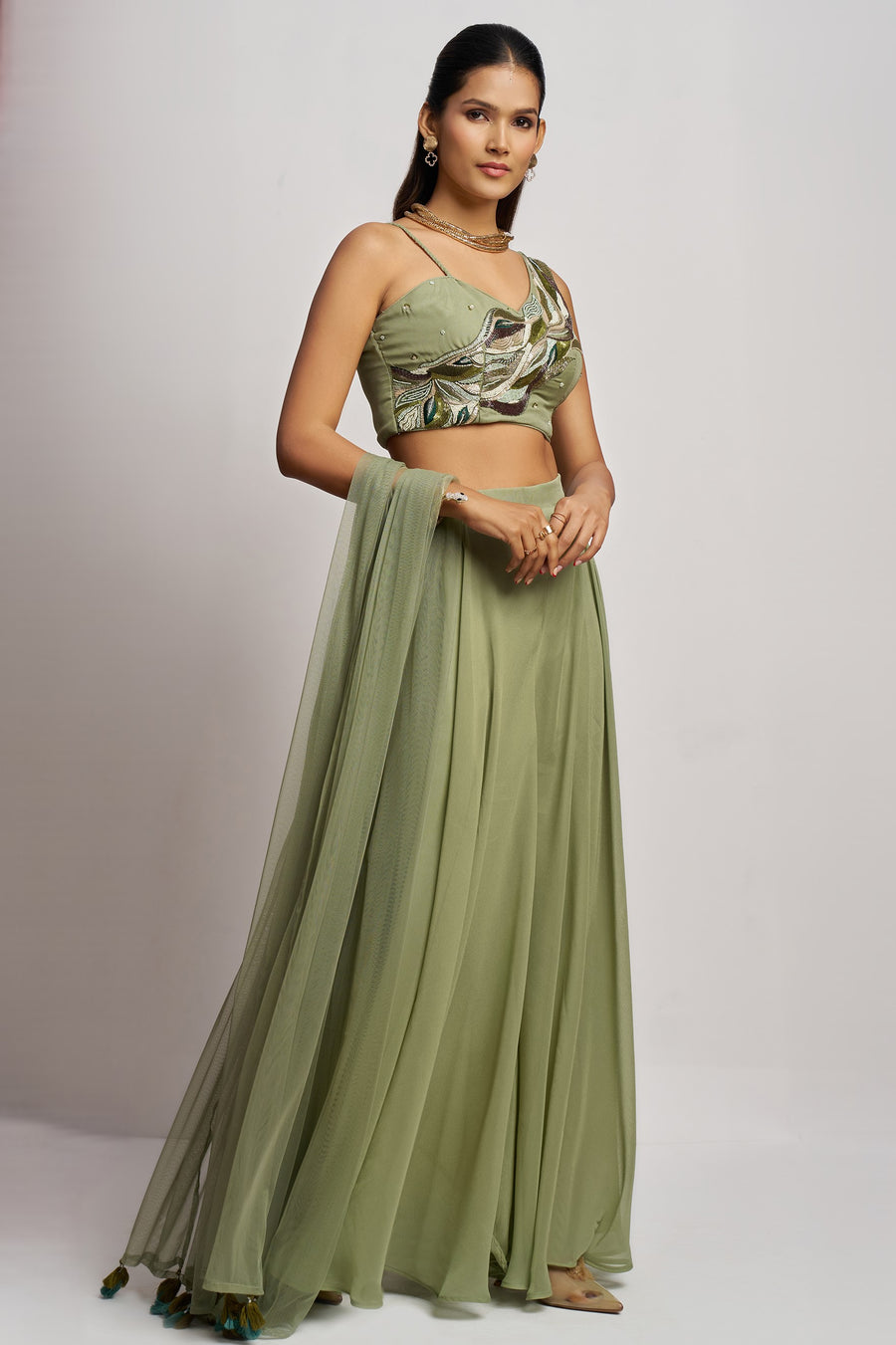 Olive green Georgette Palazzo with Blouse with Cap Dupatta For Indian Festivals & Pakistani Weddings - Khatli Work, Hand Work