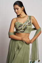 Olive green Georgette Palazzo with Blouse with Cap Dupatta For Indian Festivals & Pakistani Weddings - Khatli Work, Hand Work