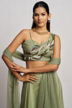 Olive green Georgette Palazzo with Blouse with Cap Dupatta For Indian Festivals & Pakistani Weddings - Khatli Work, Hand Work