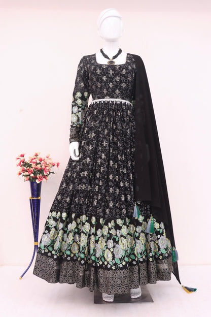 Black Georgette Full Floor Length Anarkali Suit For Indian Festival & Wedding - Metallic Foil Work