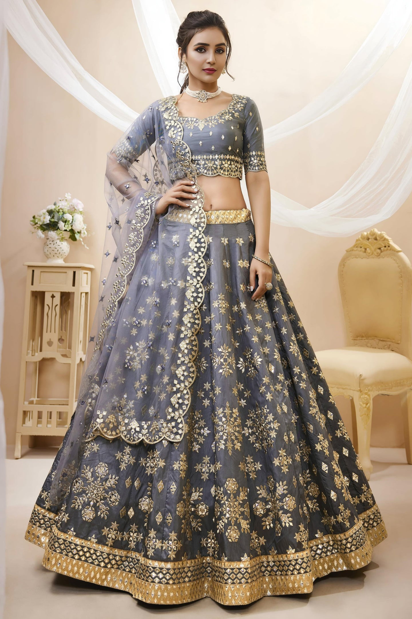 Grey Art Silk Lehenga Choli For Indian & Pakistani Wedding Festival - Sequins & Thread Embroidery Work, Zari Work