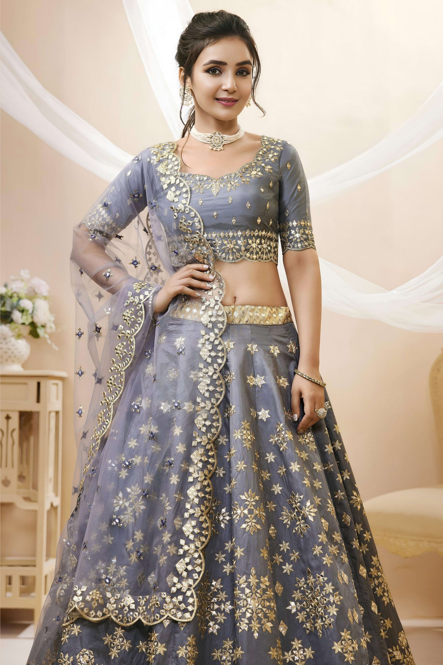 Grey Art Silk Lehenga Choli For Indian & Pakistani Wedding Festival - Sequins & Thread Embroidery Work, Zari Work