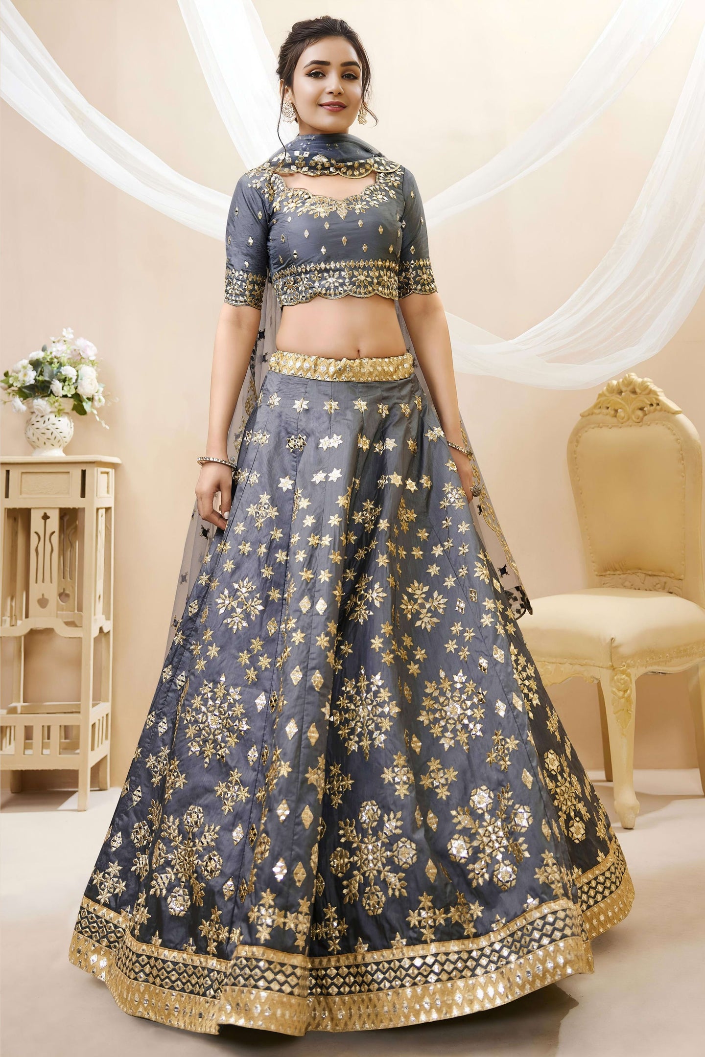Grey Art Silk Lehenga Choli For Indian & Pakistani Wedding Festival - Sequins & Thread Embroidery Work, Zari Work