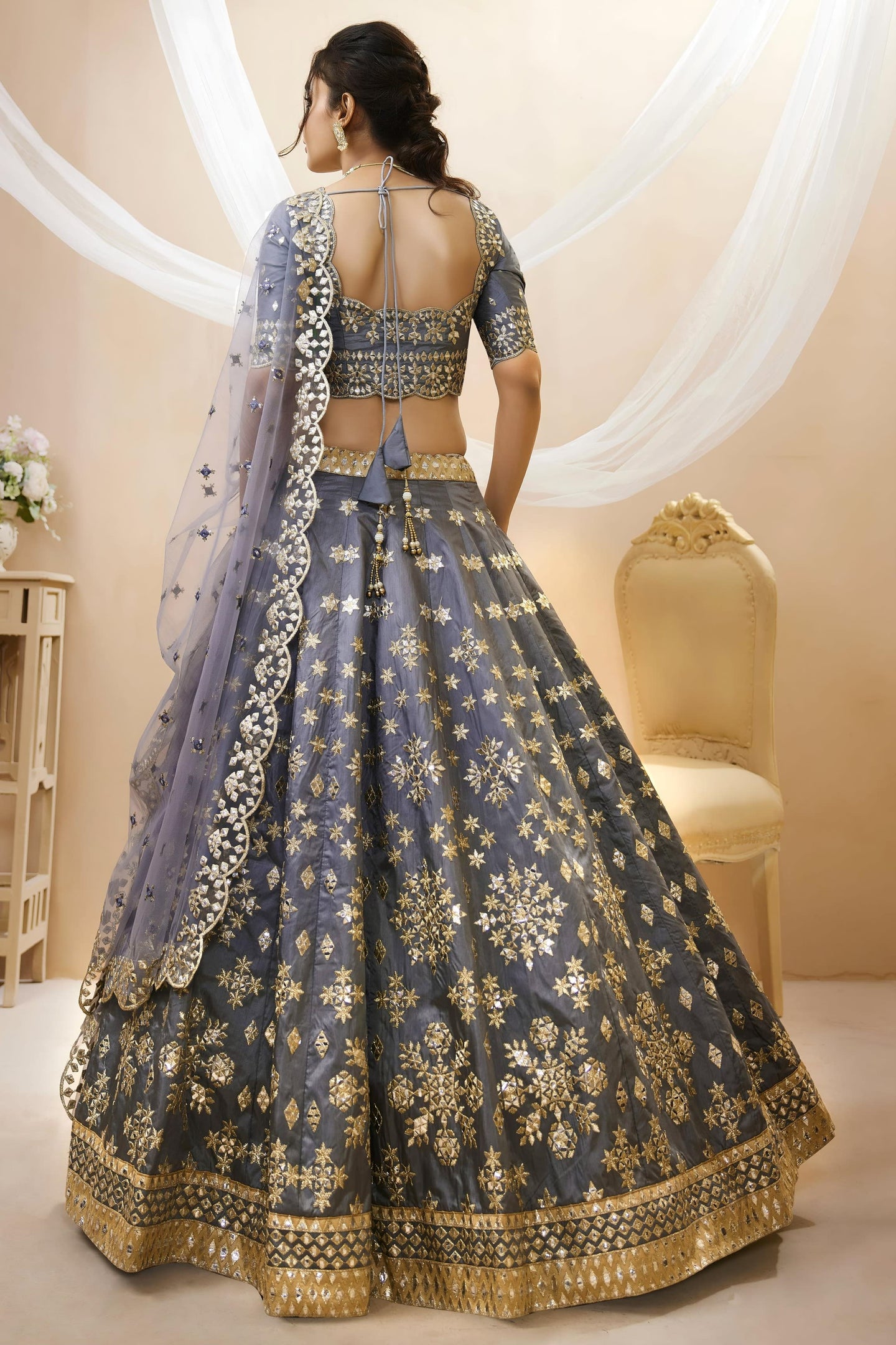 Grey Art Silk Lehenga Choli For Indian & Pakistani Wedding Festival - Sequins & Thread Embroidery Work, Zari Work