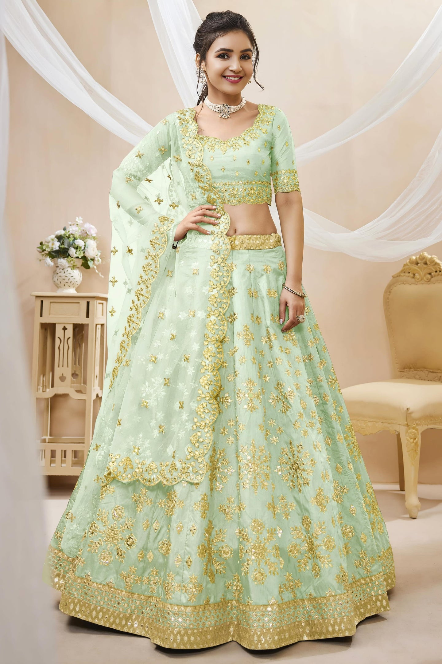 Sea Green Art Silk Lehenga Choli For Indian & Pakistani Wedding Festival - Sequins & Thread Embroidery Work, Zari Work