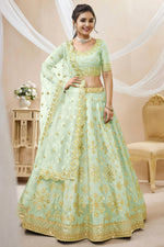 Light Green Art Silk Lehenga Choli For Indian & Pakistani Wedding Festival - Sequins & Thread Embroidery Work, Zari Work