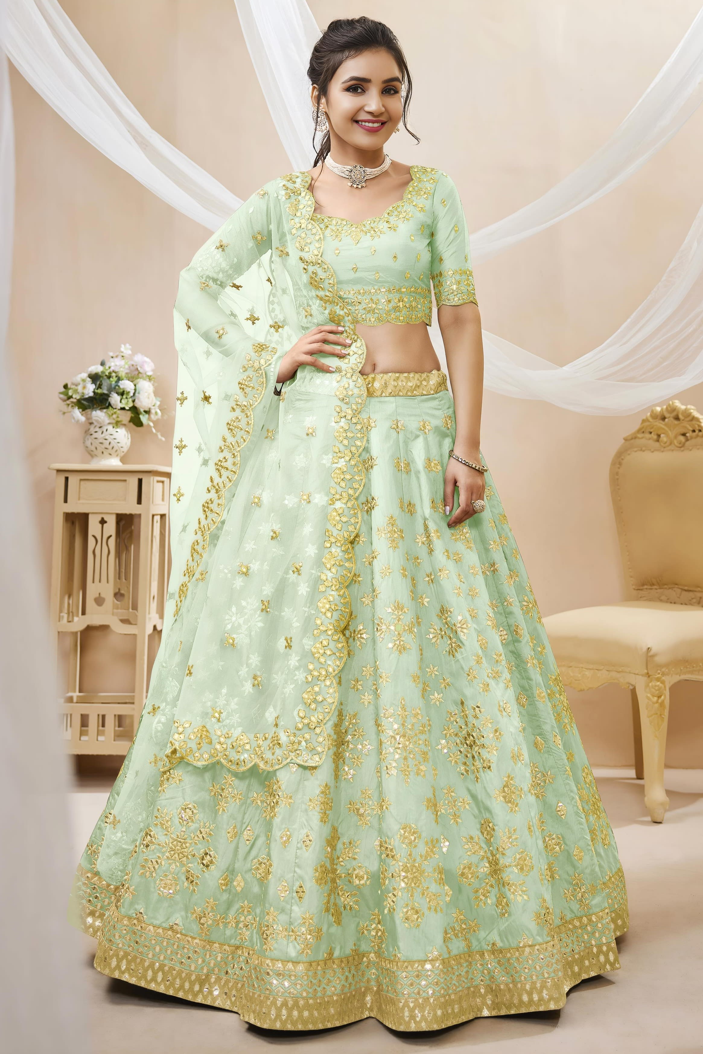 Sea Green Art Silk Lehenga Choli For Indian & Pakistani Wedding Festival - Sequins & Thread Embroidery Work, Zari Work