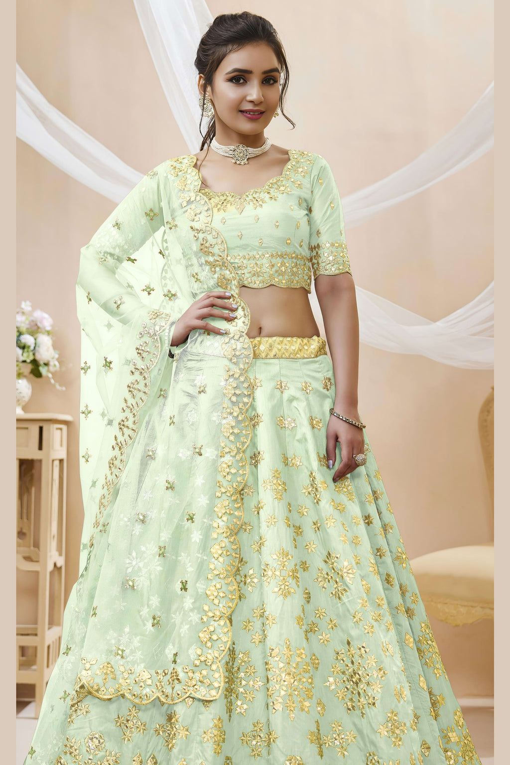 Sea Green Art Silk Lehenga Choli For Indian & Pakistani Wedding Festival - Sequins & Thread Embroidery Work, Zari Work