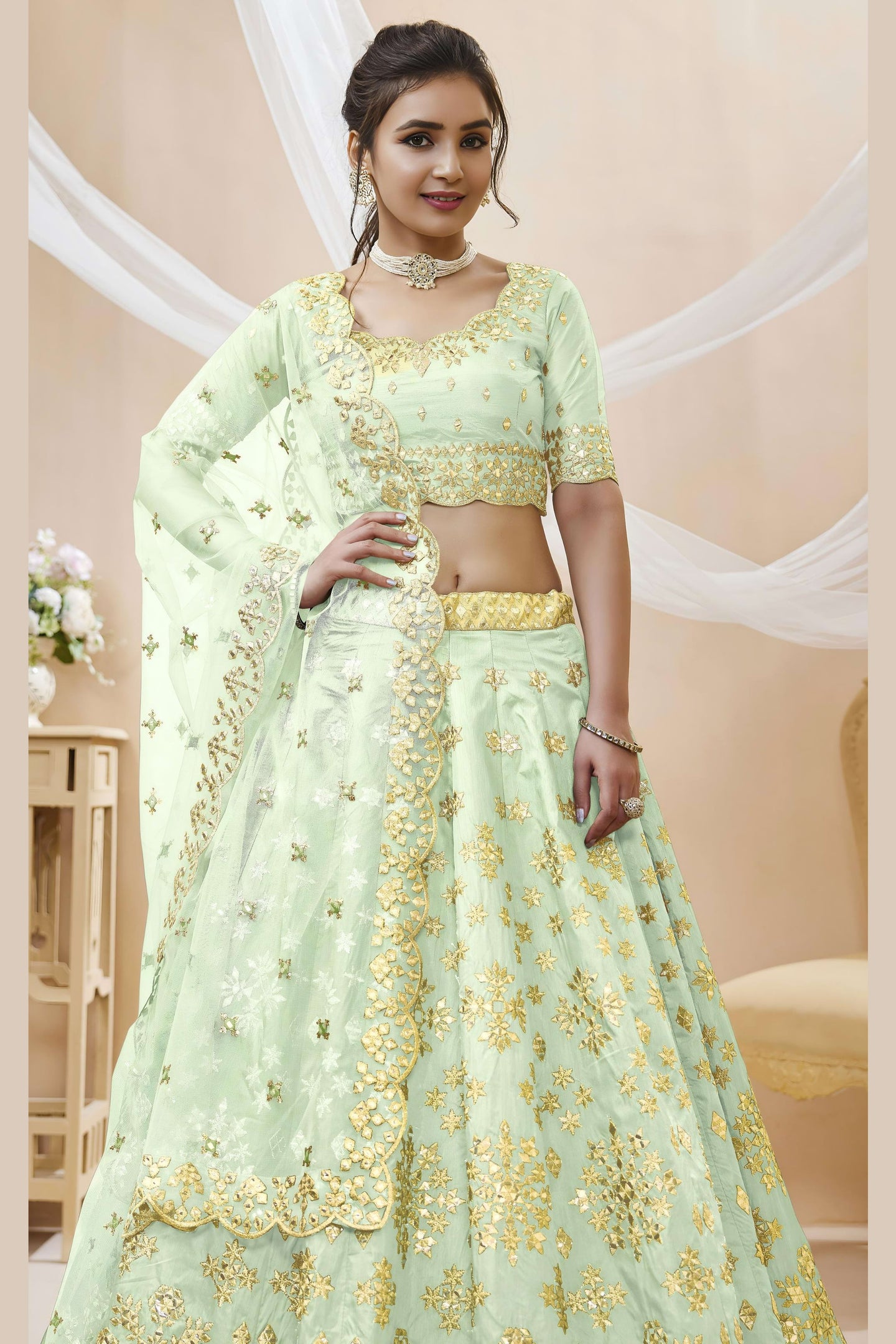 Sea Green Art Silk Lehenga Choli For Indian & Pakistani Wedding Festival - Sequins & Thread Embroidery Work, Zari Work