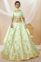 Sea Green Art Silk Lehenga Choli For Indian & Pakistani Wedding Festival - Sequins & Thread Embroidery Work, Zari Work