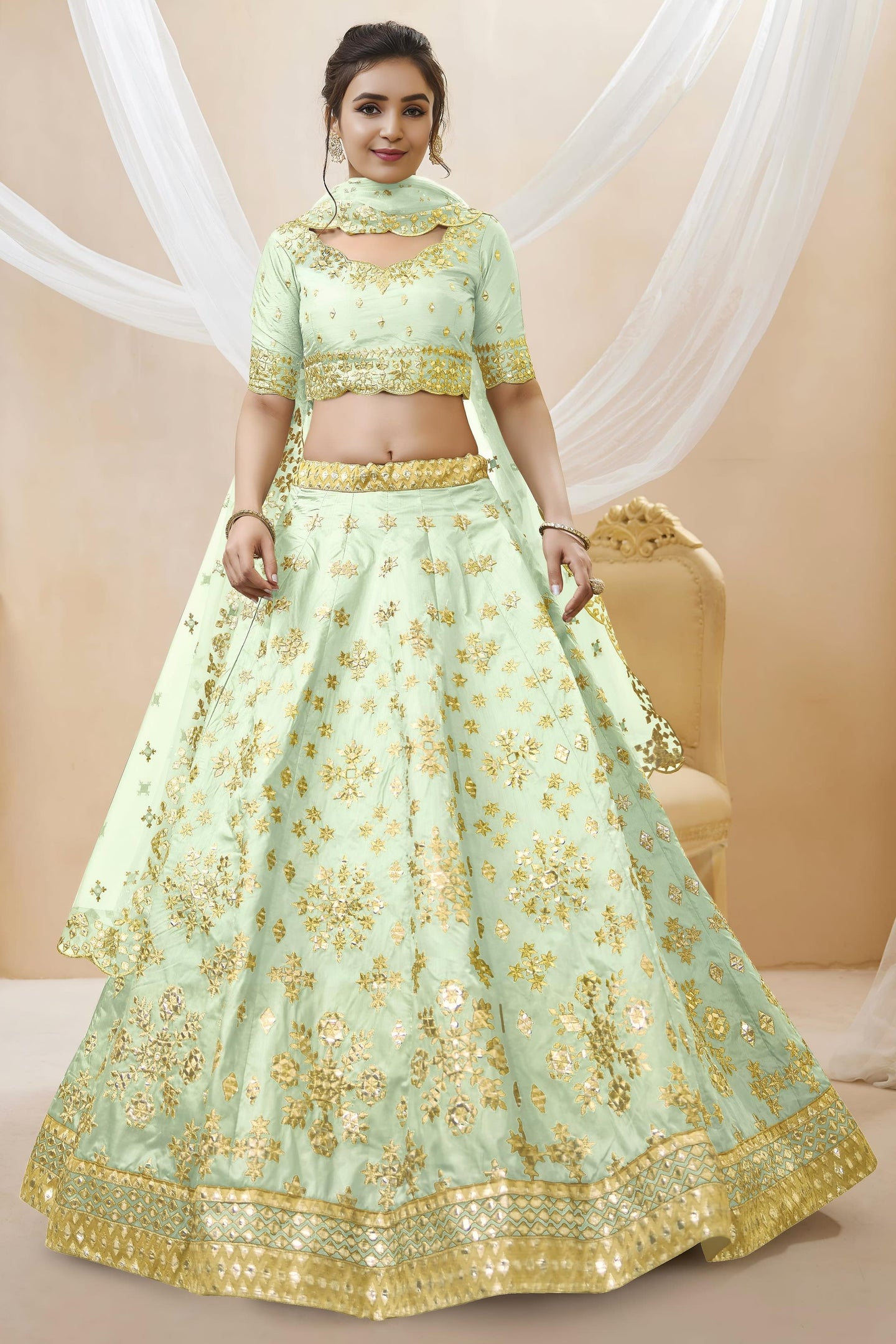 Sea Green Art Silk Lehenga Choli For Indian & Pakistani Wedding Festival - Sequins & Thread Embroidery Work, Zari Work