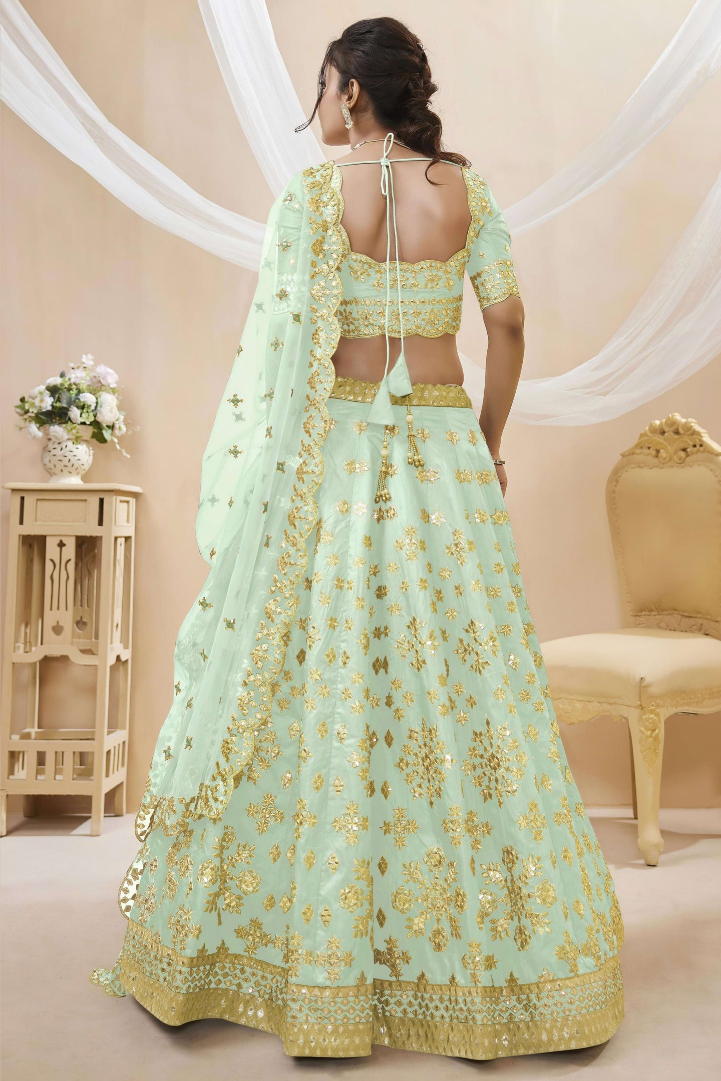 Sea Green Art Silk Lehenga Choli For Indian & Pakistani Wedding Festival - Sequins & Thread Embroidery Work, Zari Work