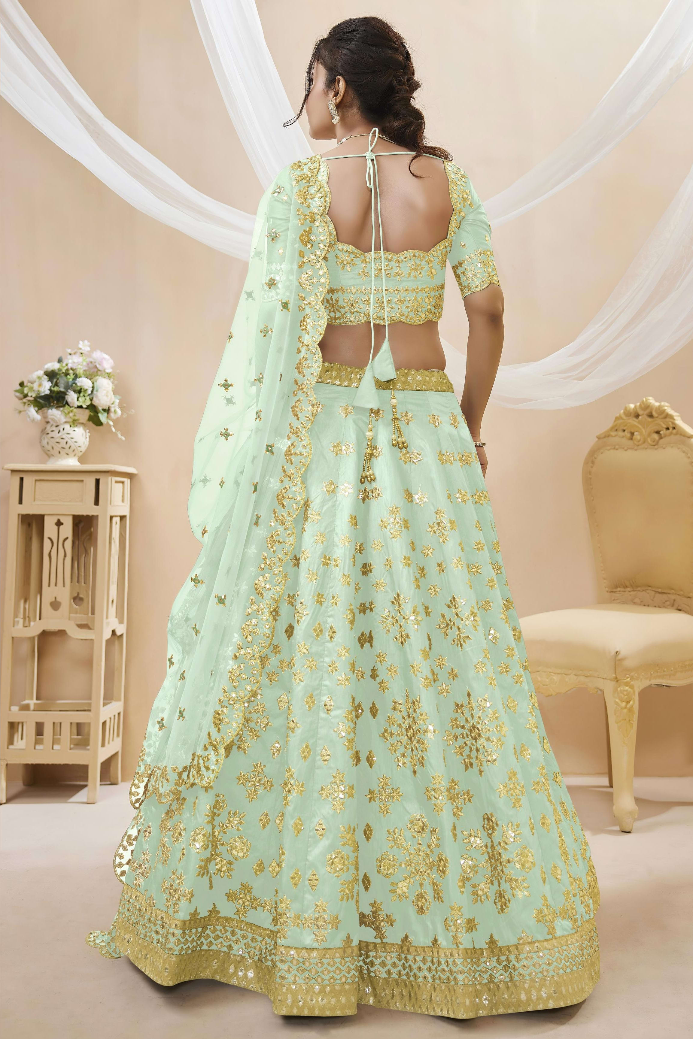 Sea Green Art Silk Lehenga Choli For Indian & Pakistani Wedding Festival - Sequins & Thread Embroidery Work, Zari Work