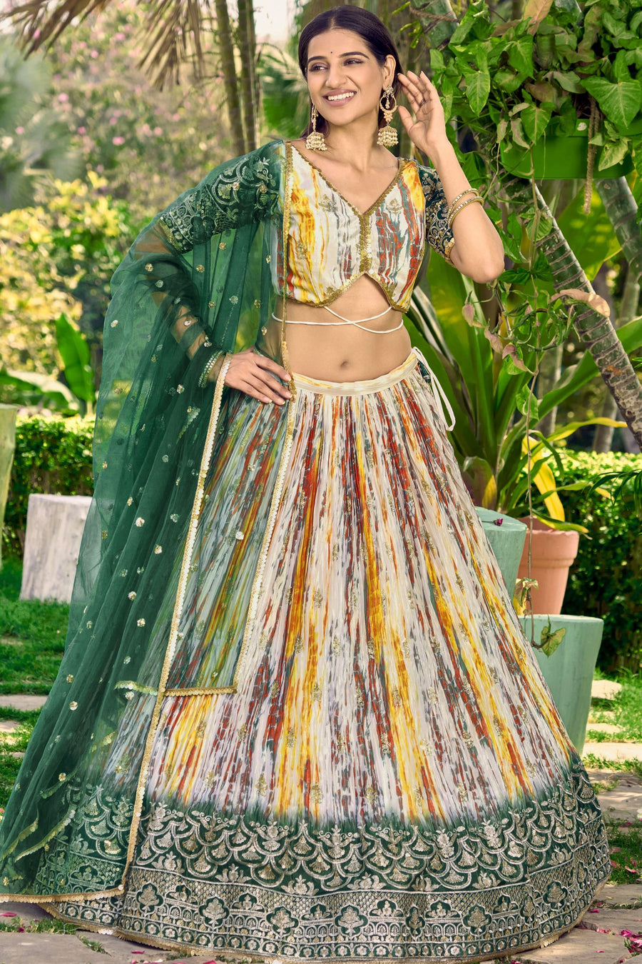 Green Chinon Silk Printed Lehenga Choli with Zari and Sequins