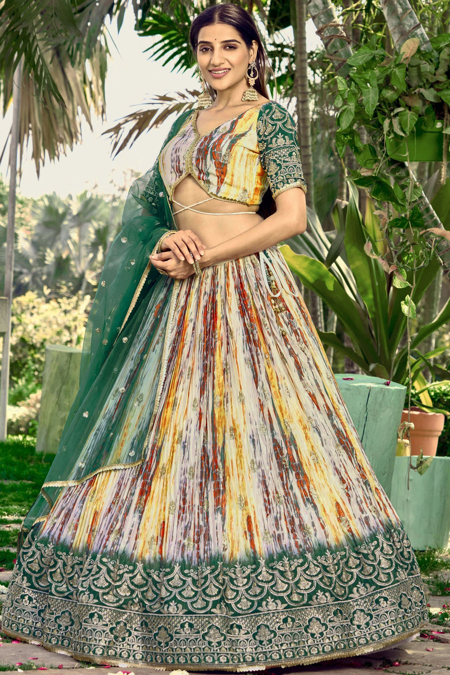 Green Chinon Silk Printed Lehenga Choli with Zari and Sequins