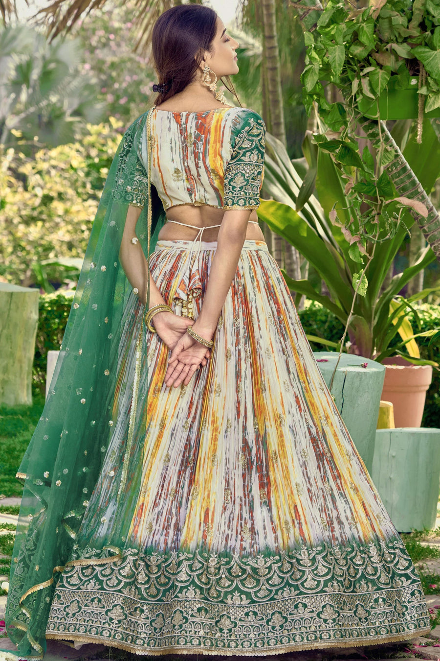 Green Chinon Silk Printed Lehenga Choli with Zari and Sequins