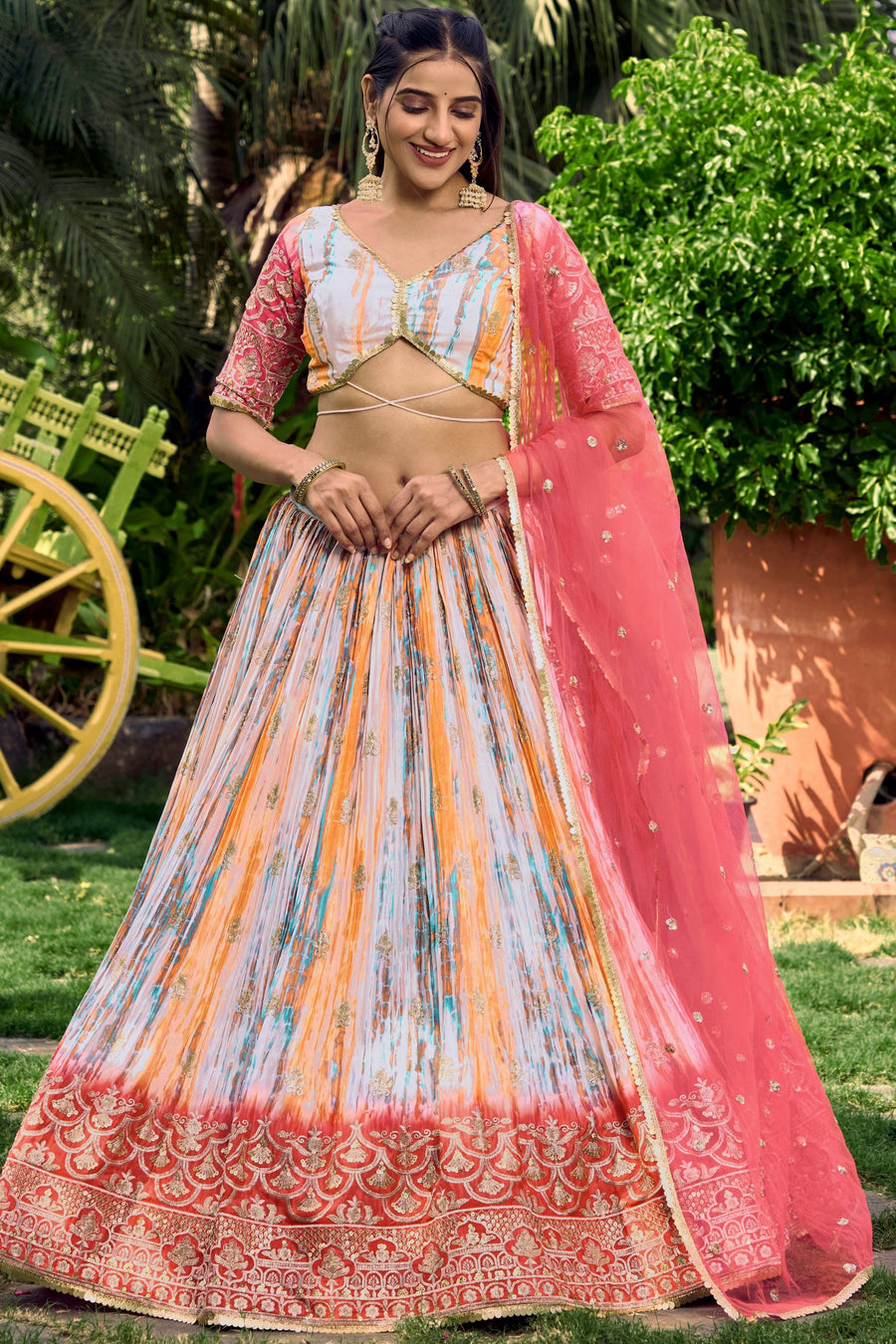 Pink Chinon Silk Printed Lehenga Choli with Zari and Sequins Embroidery