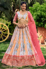 Pink Chinon Silk Printed Lehenga Choli with Zari and Sequins Embroidery