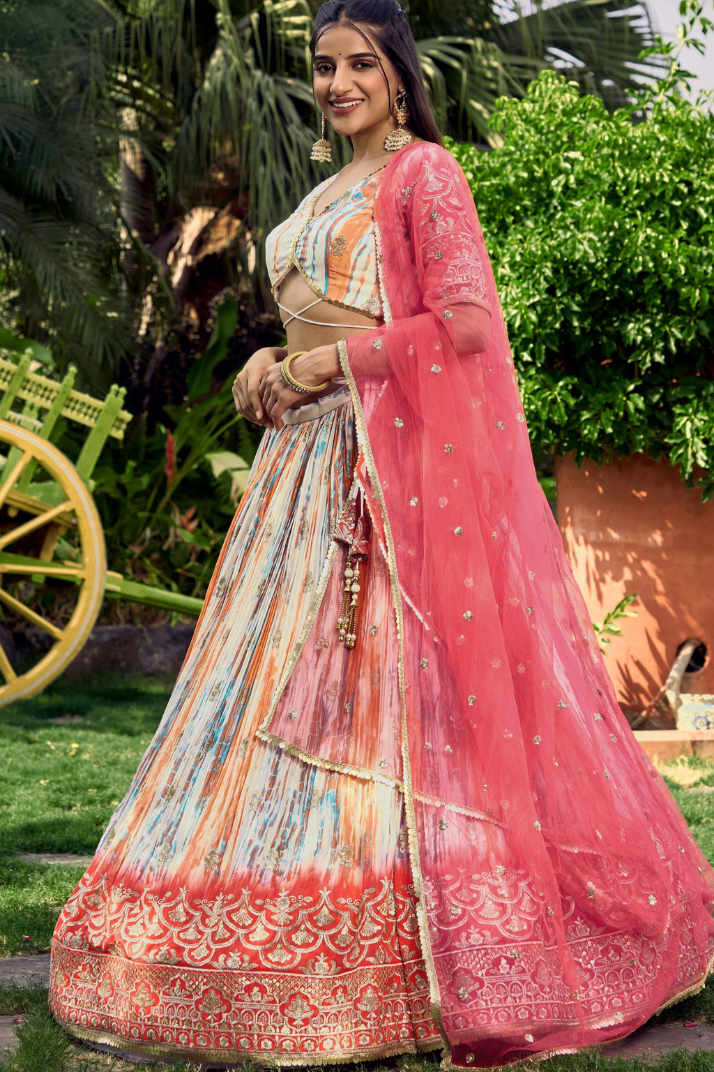 Pink Chinon Silk Printed Lehenga Choli with Zari and Sequins Embroidery