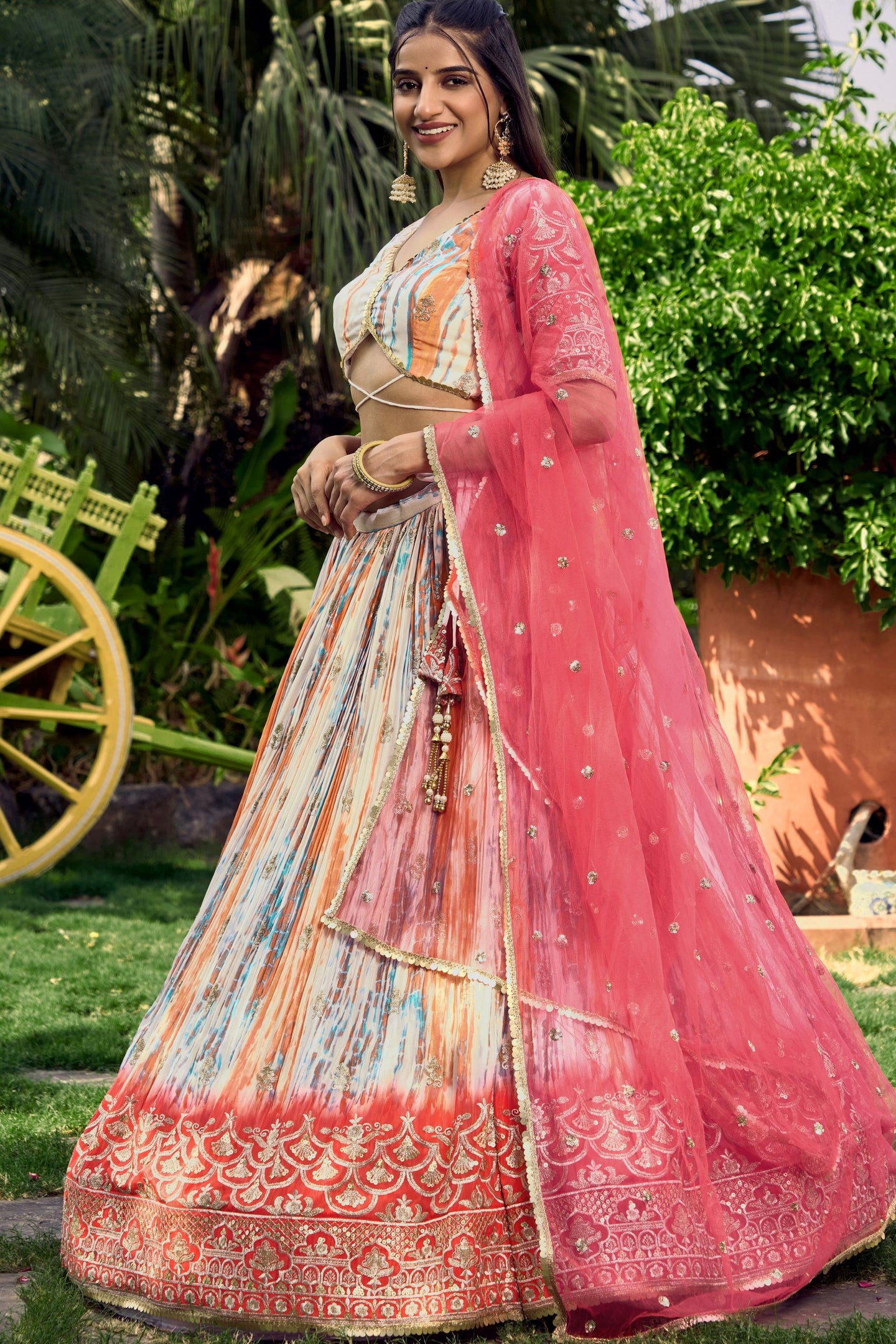 Pink Chinon Silk Printed Lehenga Choli with Zari and Sequins Embroidery