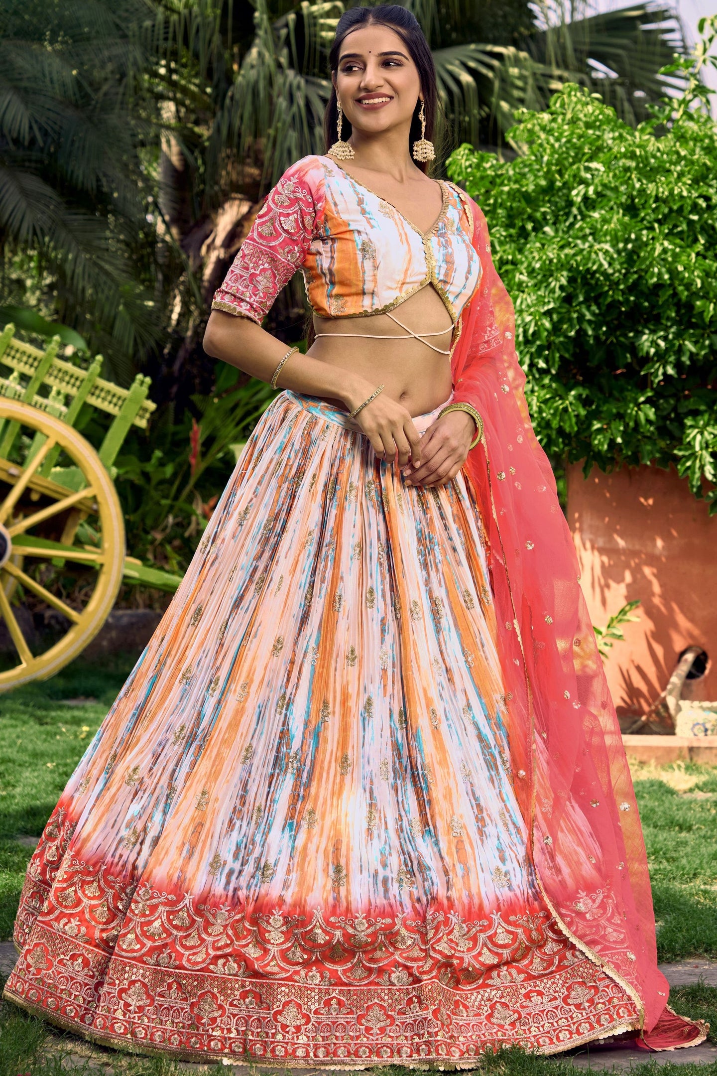 Pink Chinon Silk Printed Lehenga Choli with Zari and Sequins Embroidery