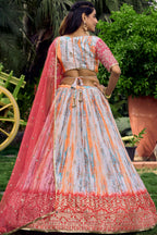Pink Chinon Silk Printed Lehenga Choli with Zari and Sequins Embroidery