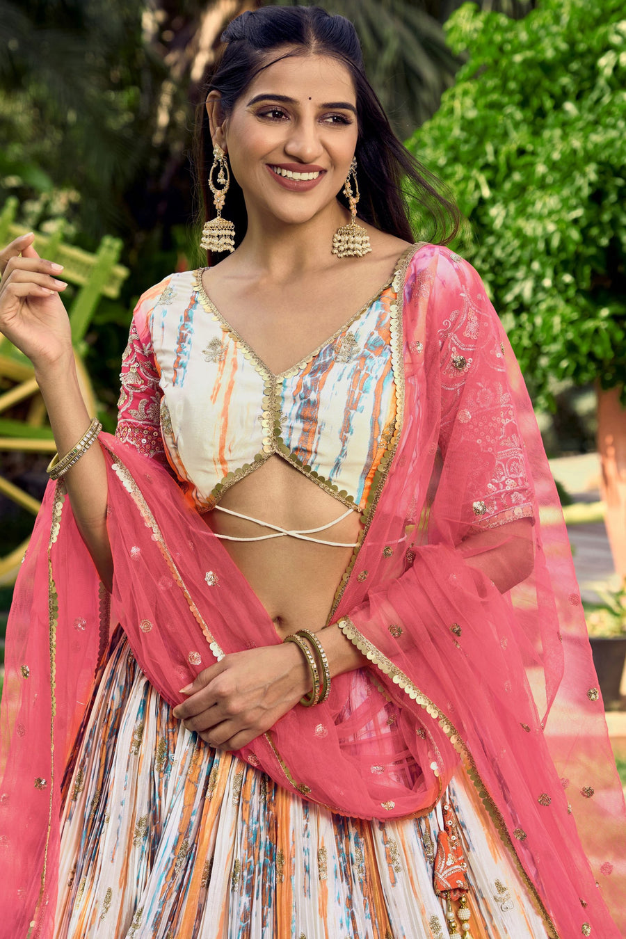 Pink Chinon Silk Printed Lehenga Choli with Zari and Sequins Embroidery