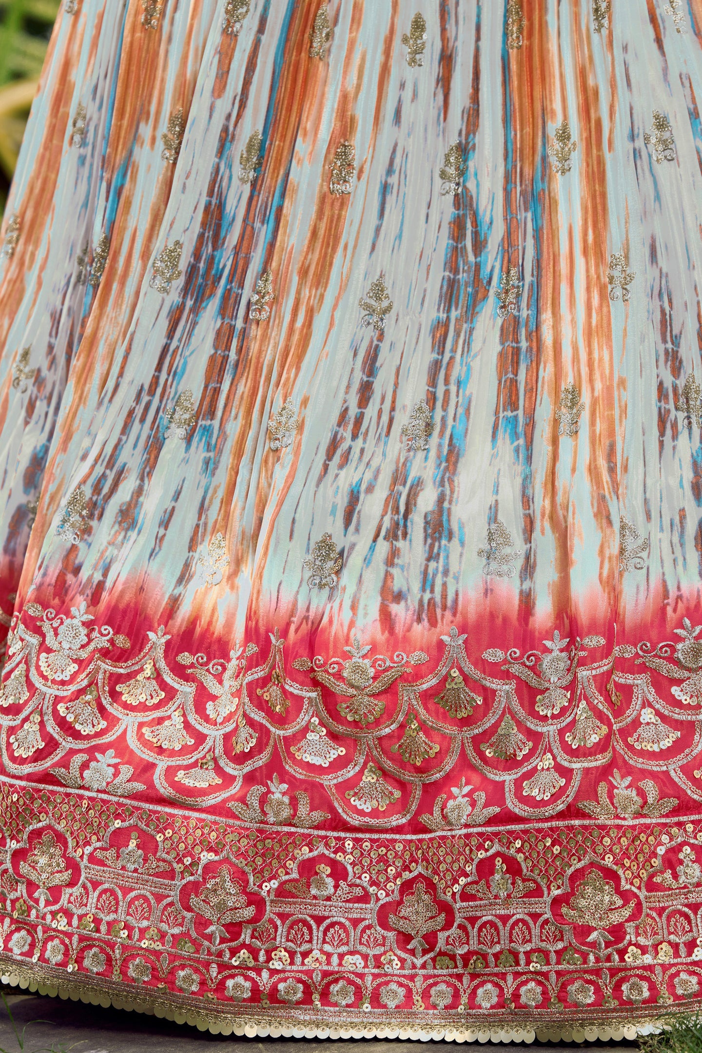 Pink Chinon Silk Printed Lehenga Choli with Zari and Sequins Embroidery