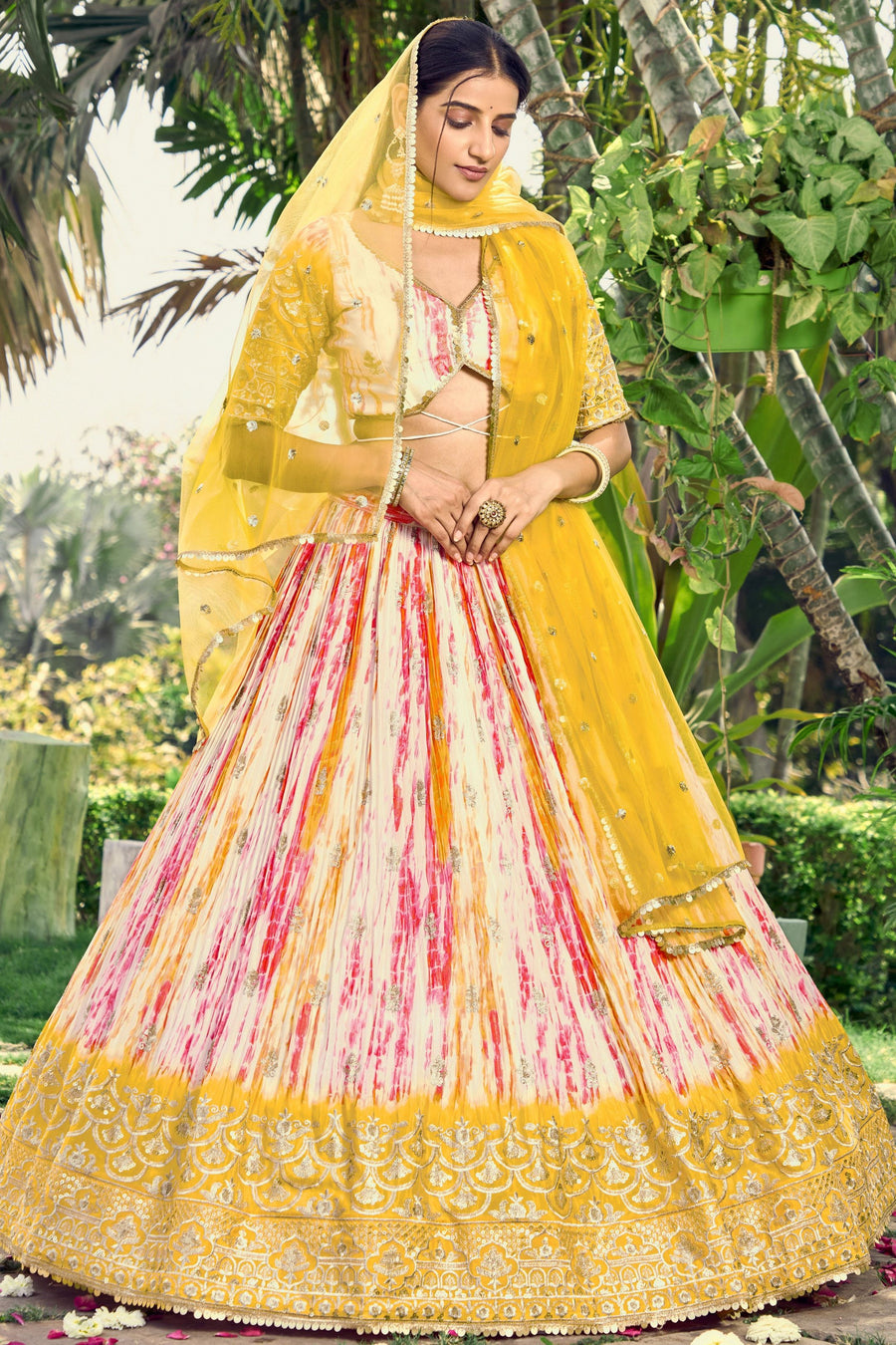 Yellow Chinon Silk Printed Lehenga Choli with Zari and Sequins