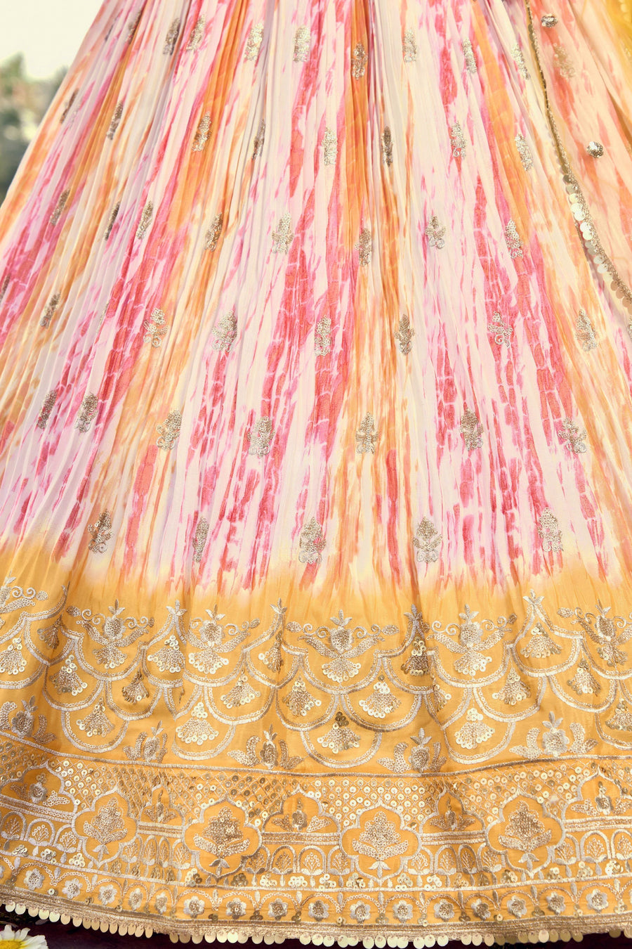 Yellow Chinon Silk Printed Lehenga Choli with Zari and Sequins