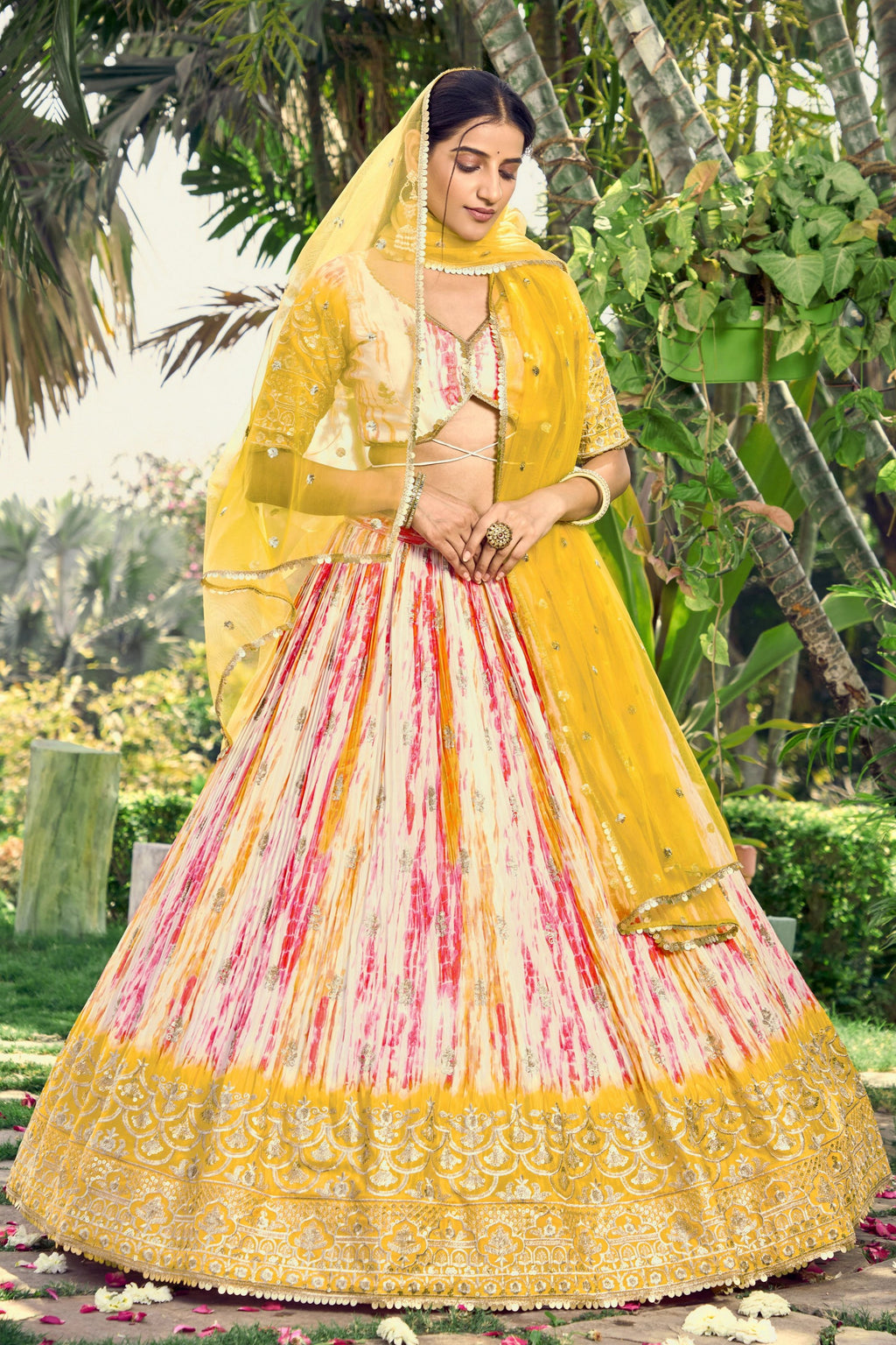 Yellow Chinon Silk Printed Lehenga Choli with Zari and Sequins