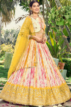 Yellow Chinon Silk Printed Lehenga Choli with Zari and Sequins