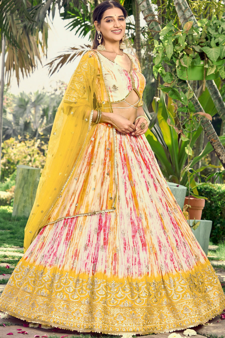 Yellow Chinon Silk Printed Lehenga Choli with Zari and Sequins