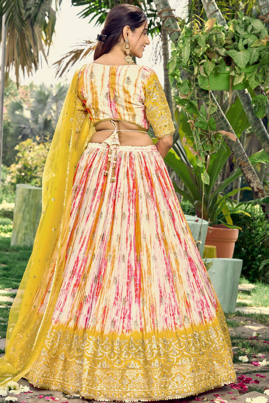 Yellow Chinon Silk Printed Lehenga Choli with Zari and Sequins