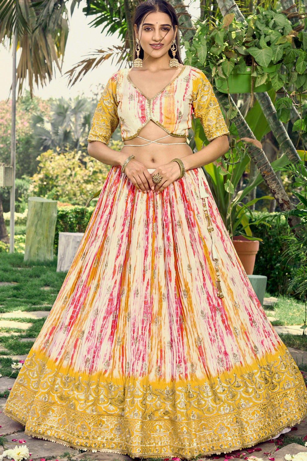Yellow Chinon Silk Printed Lehenga Choli with Zari and Sequins