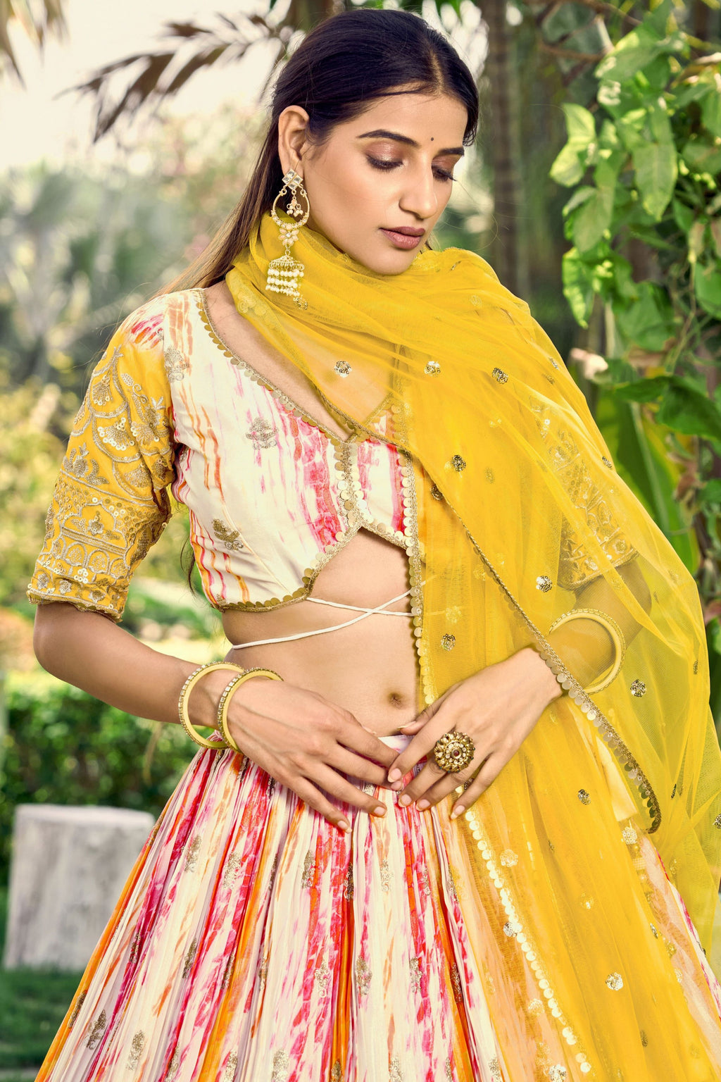 Yellow Chinon Silk Printed Lehenga Choli with Zari and Sequins