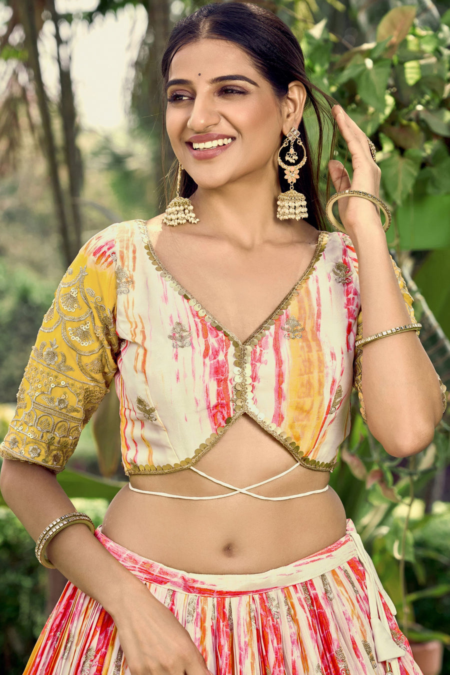 Yellow Chinon Silk Printed Lehenga Choli with Zari and Sequins