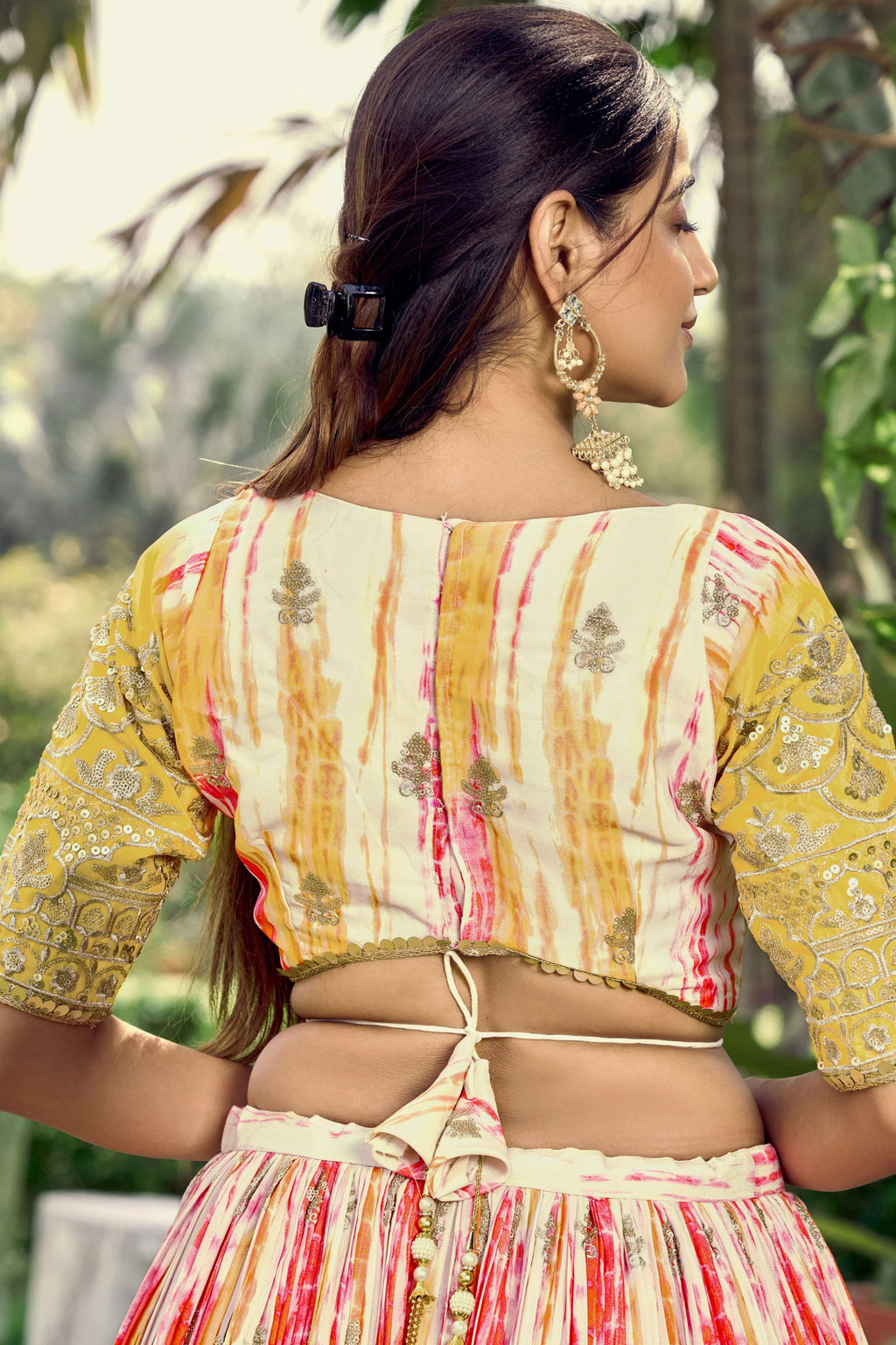 Yellow Chinon Silk Printed Lehenga Choli with Zari and Sequins