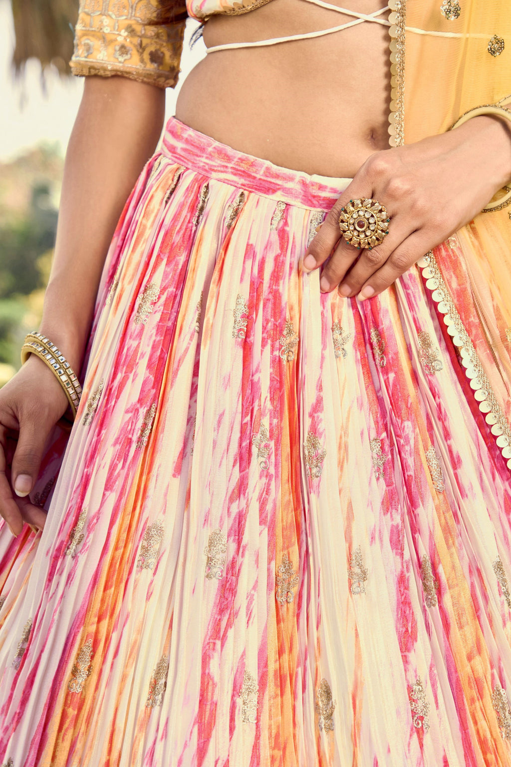 Yellow Chinon Silk Printed Lehenga Choli with Zari and Sequins