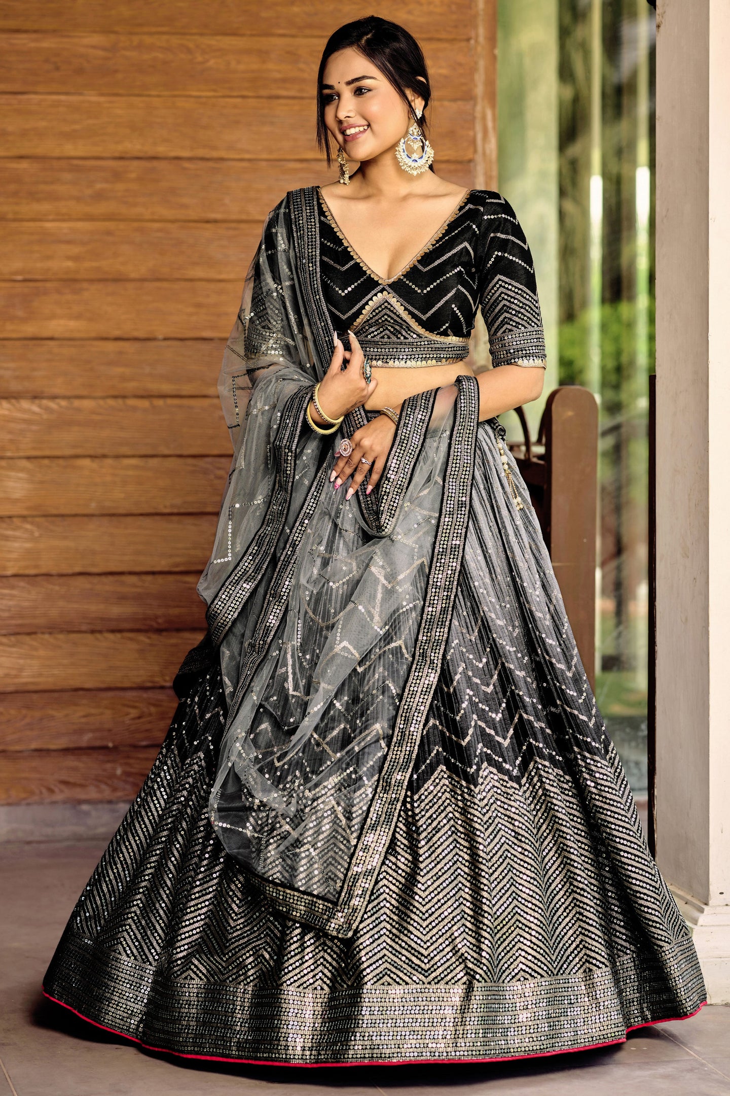 Black Chinon Silk Double Tone Partywear Lehenga Choli with Thread and Sequins Work