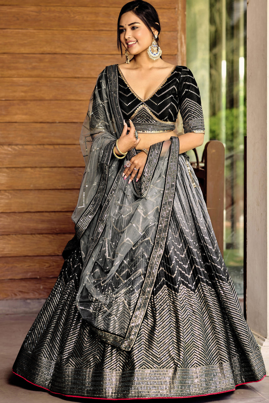 Black Chinon Silk Double Tone Partywear Lehenga Choli with Thread and Sequins Work