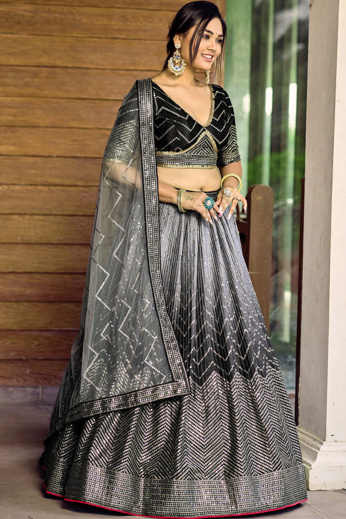 Black Chinon Silk Double Tone Partywear Lehenga Choli with Thread and Sequins Work