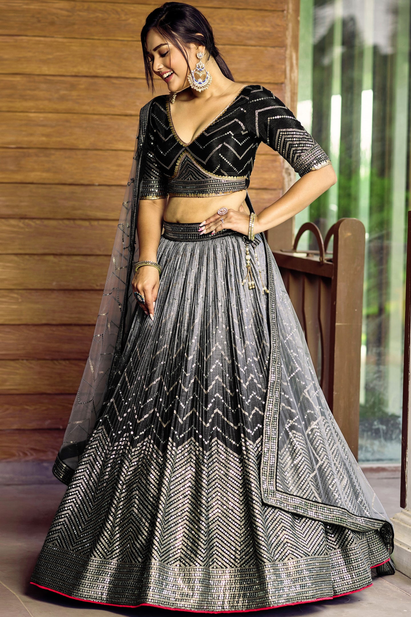 Black Chinon Silk Double Tone Partywear Lehenga Choli with Thread and Sequins Work