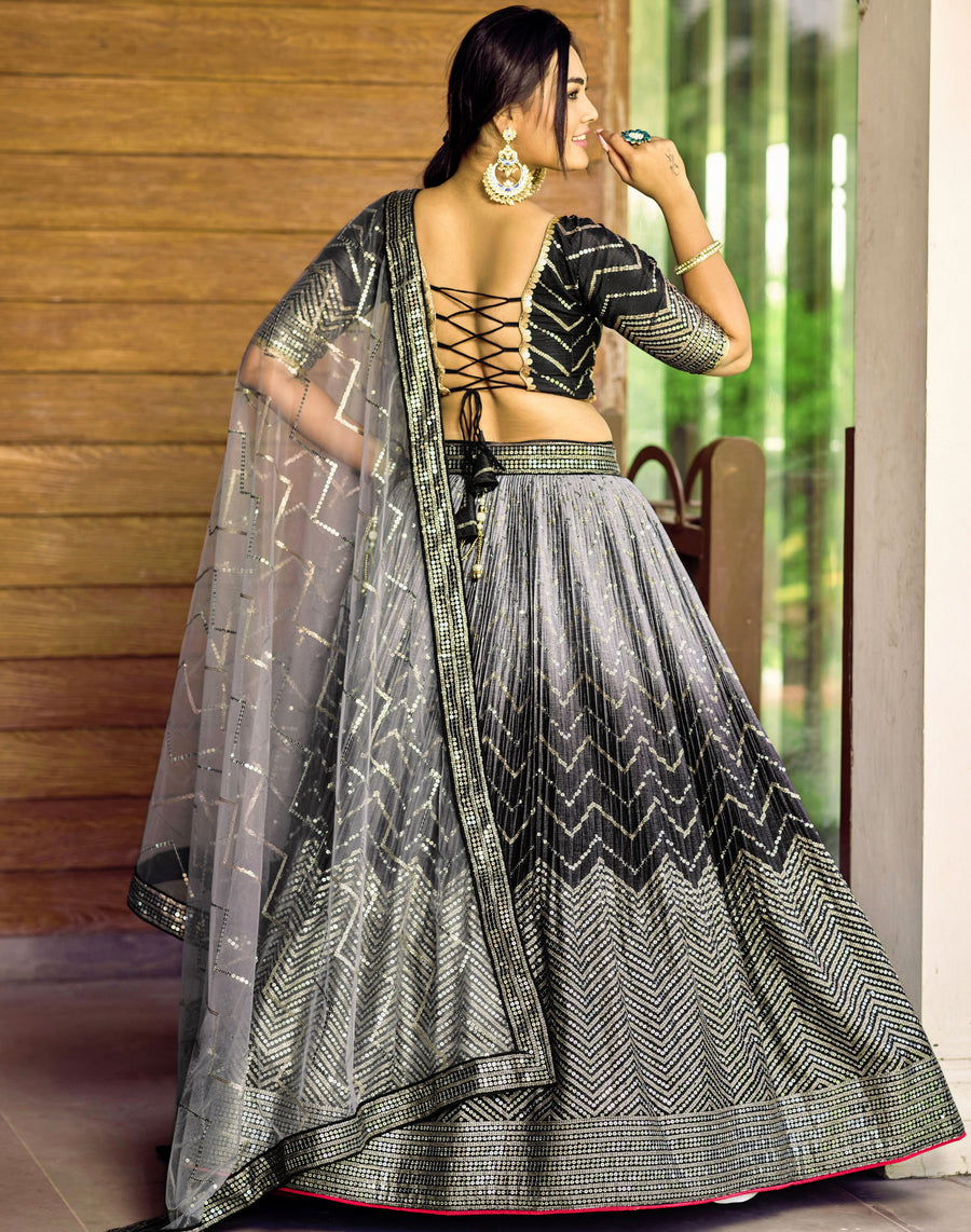 Black Chinon Silk Double Tone Partywear Lehenga Choli with Thread and Sequins Work
