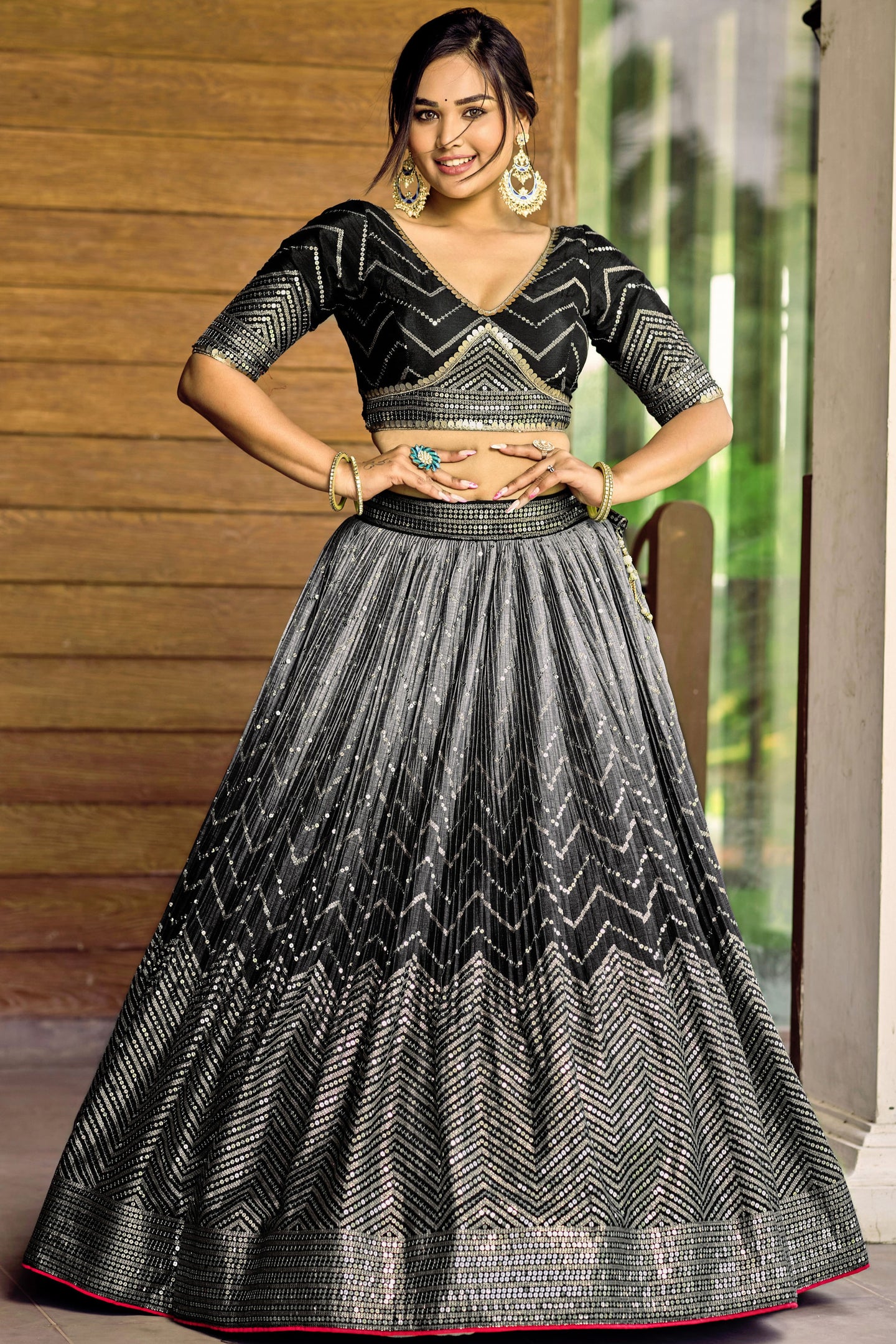 Black Chinon Silk Double Tone Partywear Lehenga Choli with Thread and Sequins Work