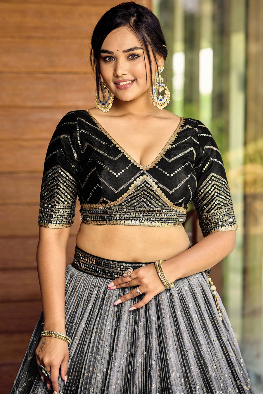 Black Chinon Silk Double Tone Partywear Lehenga Choli with Thread and Sequins Work